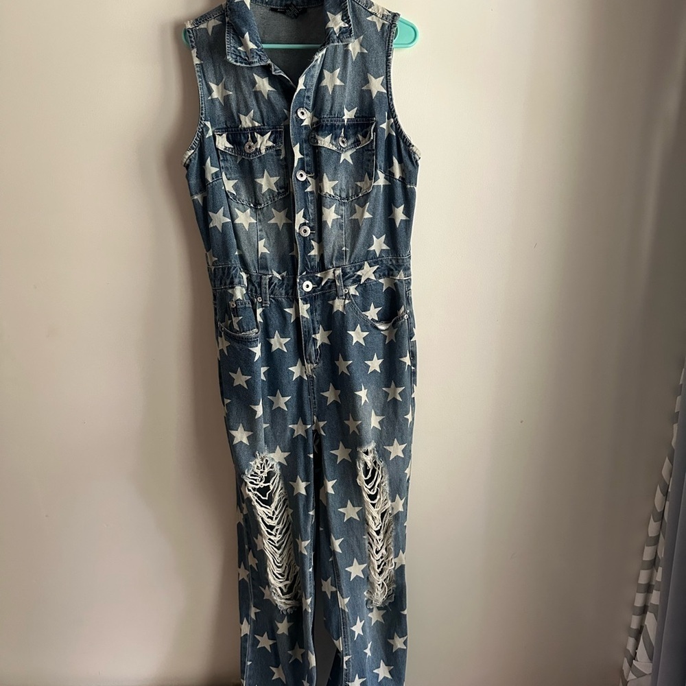 Ashley Stewart Size 12 Star Denim Jumpsuit Distressed Wide Leg Americana Western